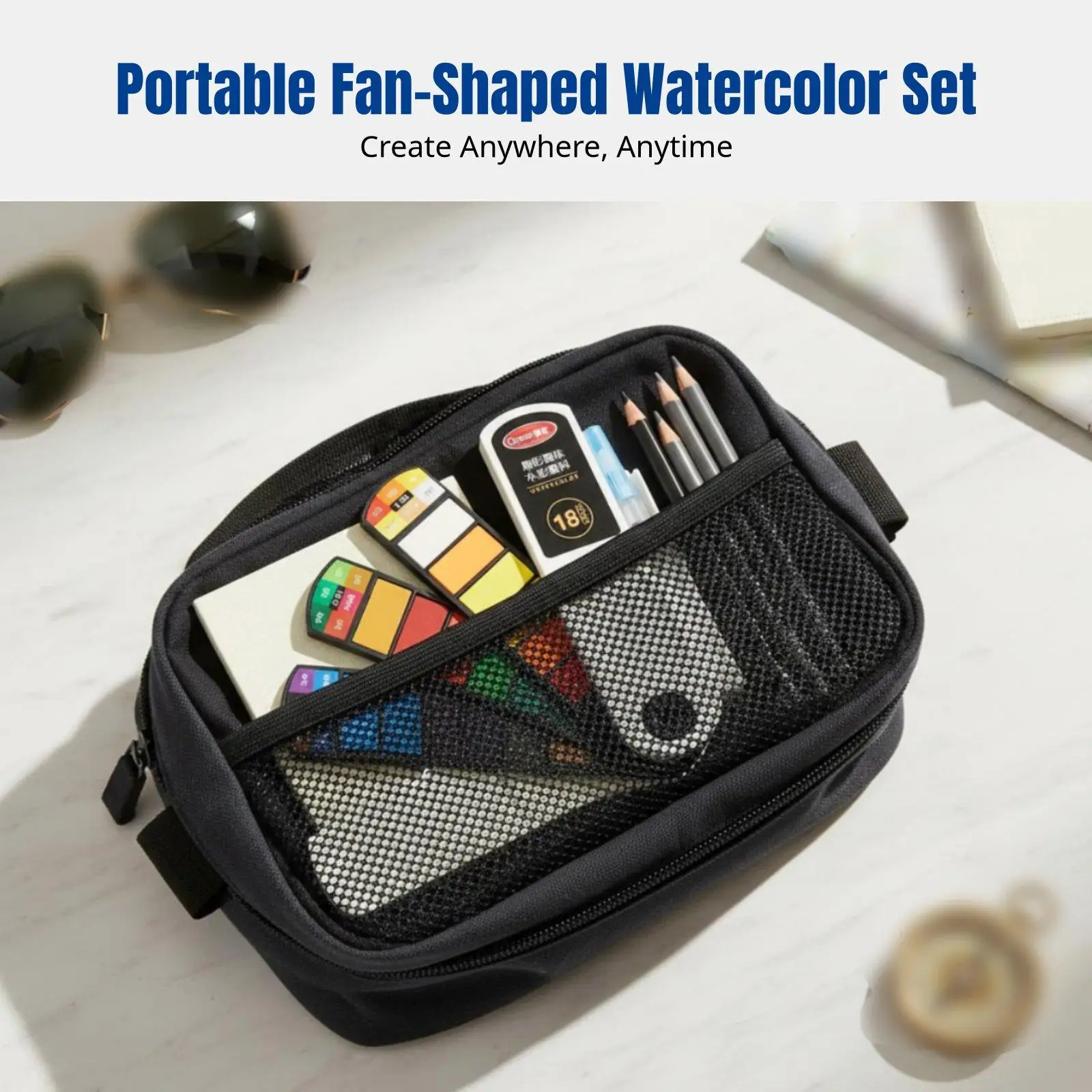 Watercolor Paint Set 24 Colors Solid Pigment Fan Shaped Portable Kit with Sponge and Brush for Student Artist