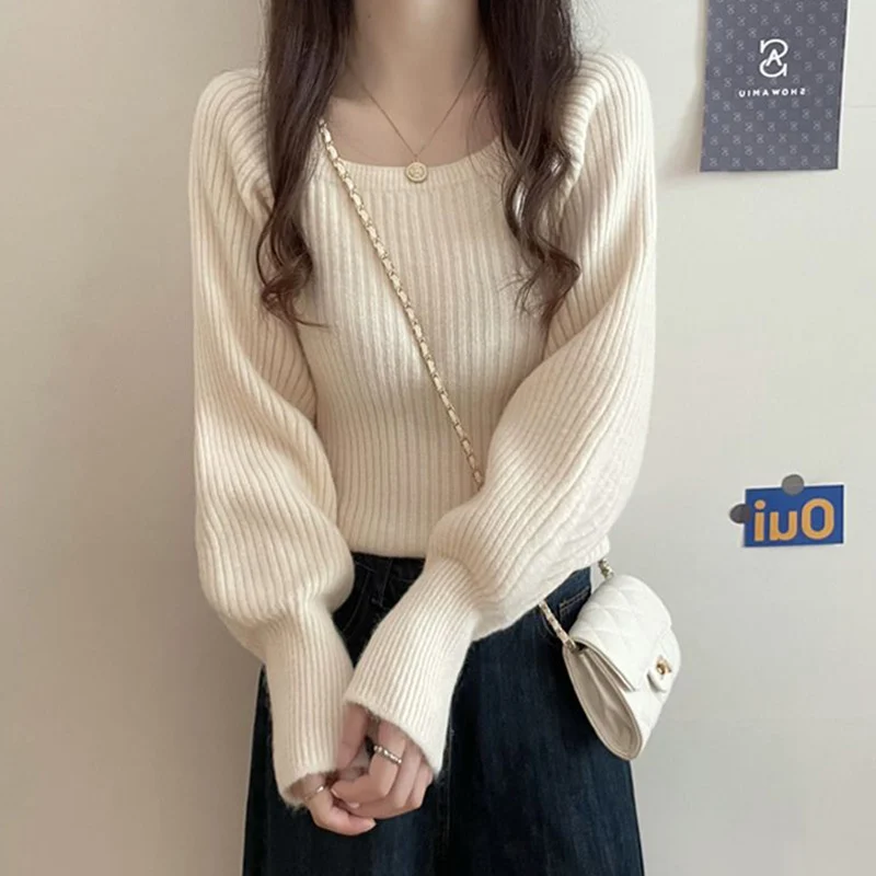 Women Clothes All-match Knitting Solid Color Square Collar Long Sleeve Pullovers Autumn Fashion Loose Sweater Ladies Sweet Tops