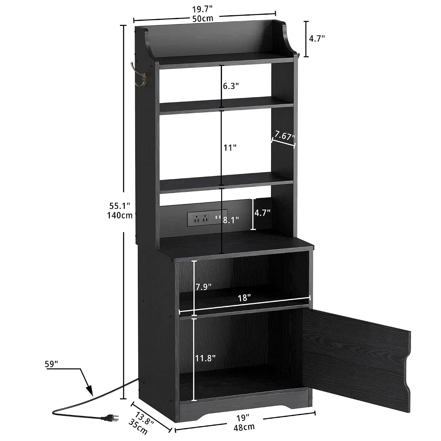 Nightstand, 55" Tall End Side Table with Charging Station and Storage Cabinet, Small Bookshelf