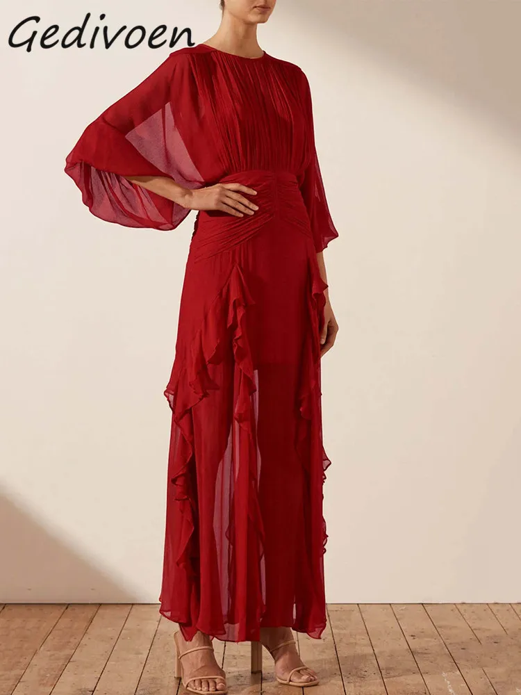 

Gedivoen Spring Fashion Designer Vintage Red Dress Women O Neck Three Quarter Sleeve Ruffles High Waist Slim Pleated Long Dress