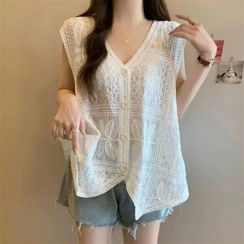 

Y2K Hook Flower Hollowed Out Sleeveless Vest Women Summer Sweet Fragrance Thin Cardigan Sweet Versatile Small Jacket Vest New
