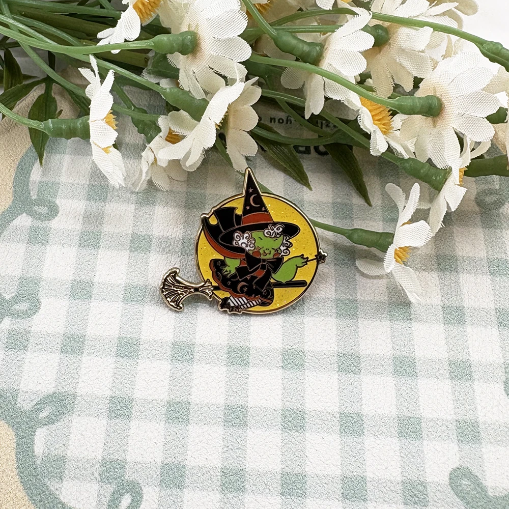 Shiny Full Moon Flying Witch Hard Enamel Pin Funny Cartoon Magic Broom Magic Girl Baby Cute Unique Halloween Gift