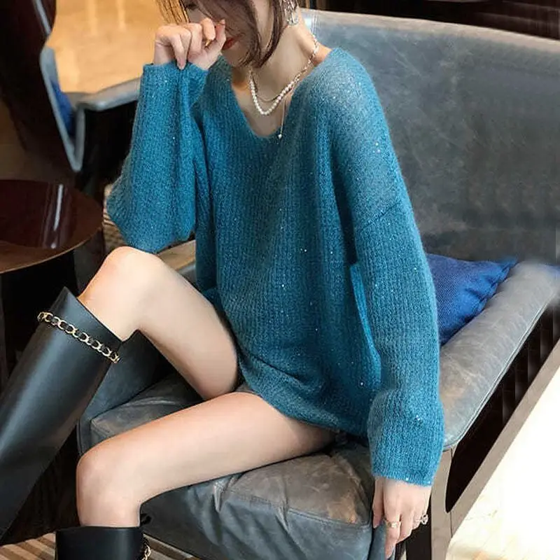 Lady Korean Loose V-Neck Solid Sweaters Pullovers Women's Clothing Autumn Winter Temperament All-match Long Sleeve Knitted Tops