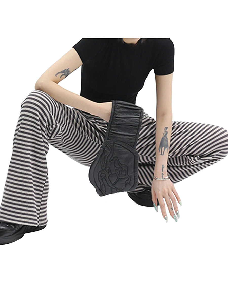 

Women Drawstring Straight Leg Pants Vintage Low Rise Striped Print Knitted Lounge Pants