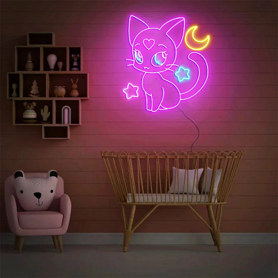 Cat with Moon Stars Neon Sign Home Room Wall Art Decor Neon Sign Game Room Decor Neon Sign