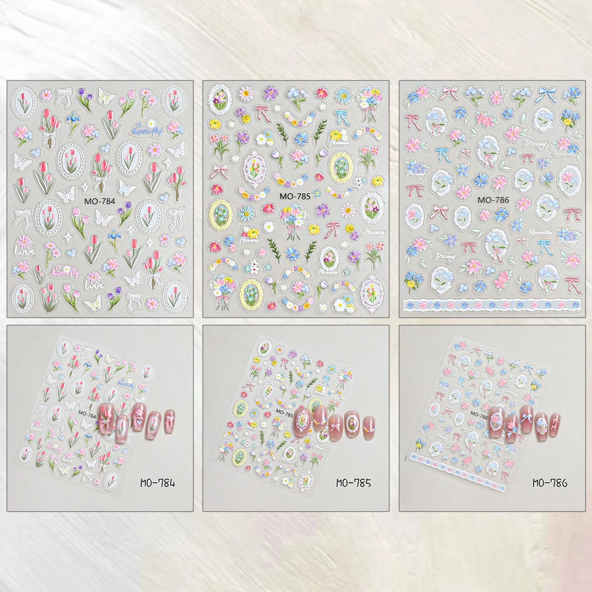 3/6/12 Sheets 5D Embossed Tulip Butterfly Flower Nail Stickers Bow Bouquet Floral Self Adhesive Spring Nail Art Decals