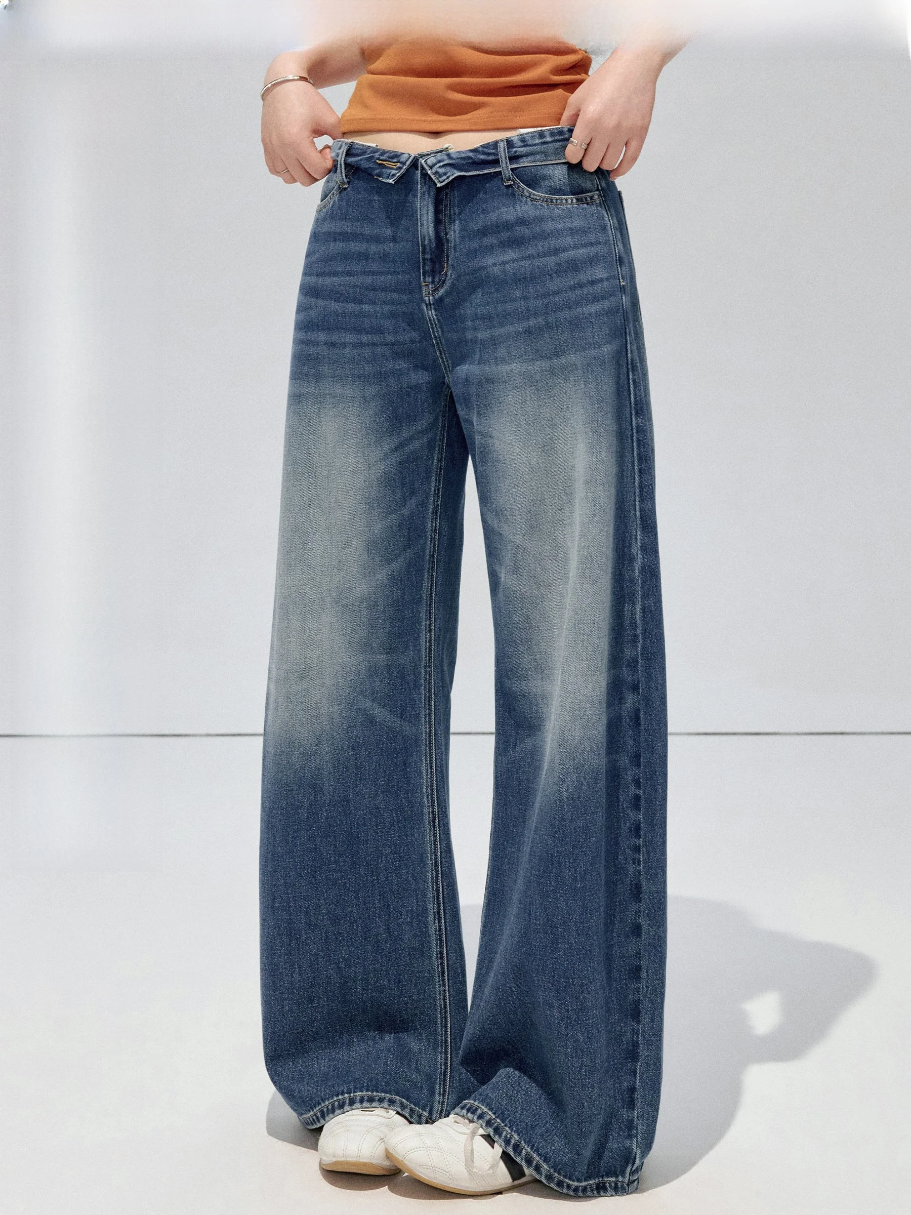 

Jululook Studio "Turned Memories" plus Size Denim Pants High Waist Turned up Vintage Sle Wide Leg Casual Cotton Blend