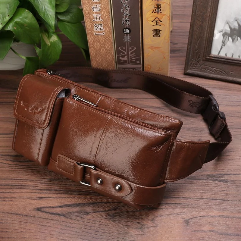 Men Genuine Leather Waist Fanny Pack Sling Chest Bags Pouch Travel Climb Cross Body Bags Natural Skin Male Hip Bum Belt Bags