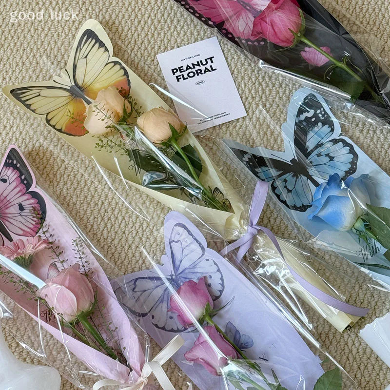 10Pcs Valentine Day Butterfly Flower Wrapping Paper Card Insertion Flower Packaging Bag Transparent Single Rose Packaging Bag