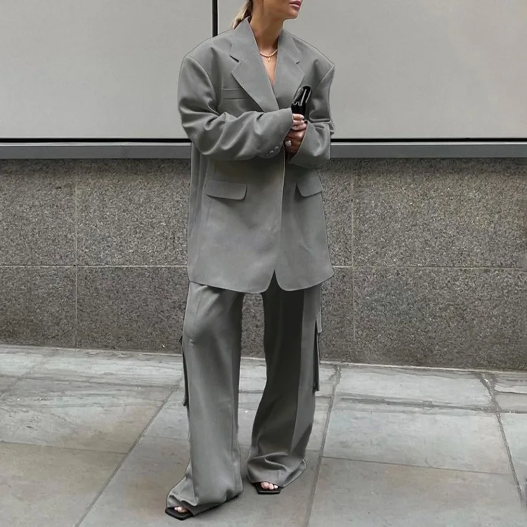 

2025 New Women's Commute Suit Set Long Sve Turn-down Collar Jaet with ket Wide Leg Pants Two-piece Faionable Ensemble