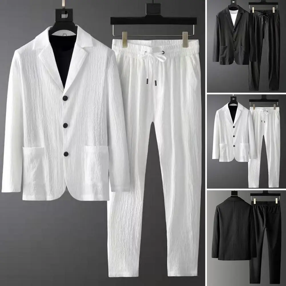 Spring Summer Men Blazer Pants Long Sleeve Stripe Pleats Jacket Drawstring Pants Casual Suit Korean Slim Two-piece Set