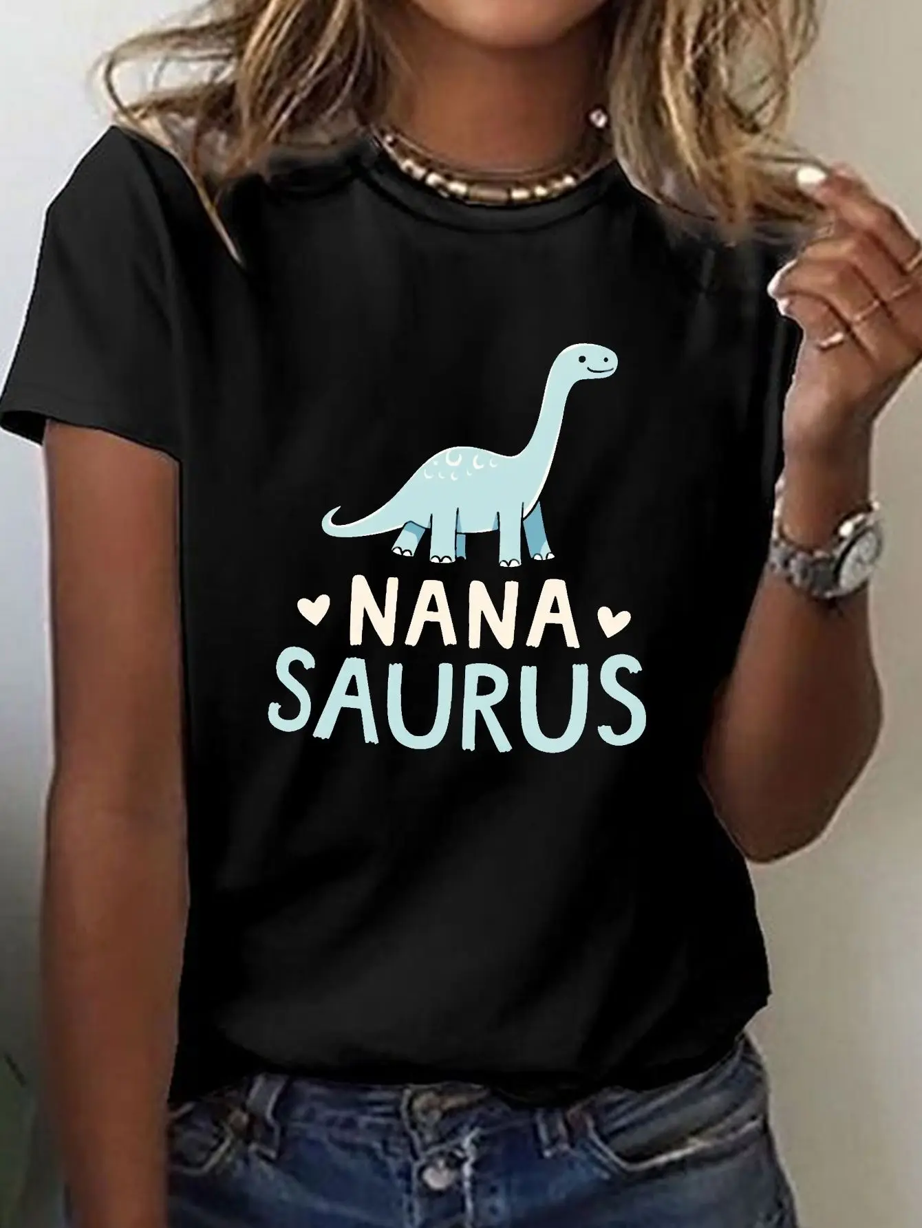 Women's Nana Saurus Graphic T-Shirt - Short Sleeve Crew Neck Casual Top with Dinosaur & Hearts Print, Soft Stretchy Fabric, Machine Washable, All-Season Comfort Fit, Spring Clothing, Playful Print, Medium Elasticity