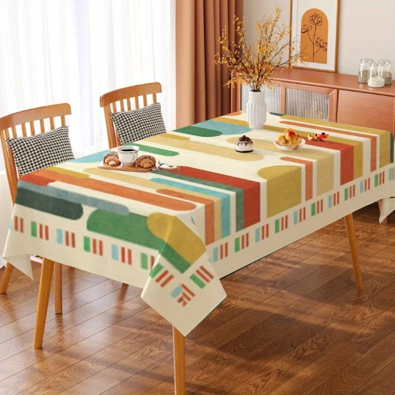 Medieval modern Bohemian-style tablecloth, with abstract geometric atomic patterns covering the tablecloth.