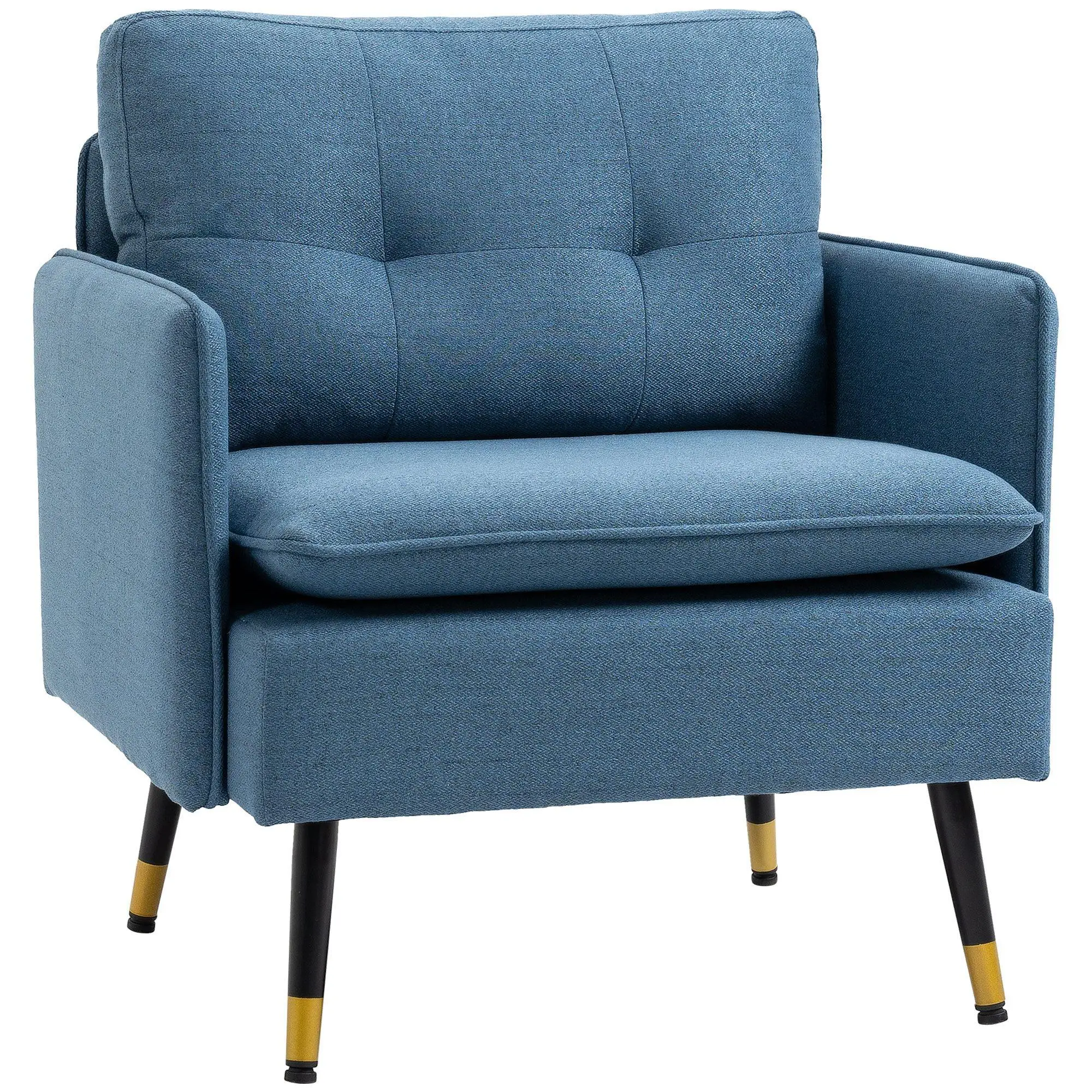 Fauteuil scandinave rembourré 72 × 70 × 80 cm Aspect lin Bleu Noir & Pieds dorés