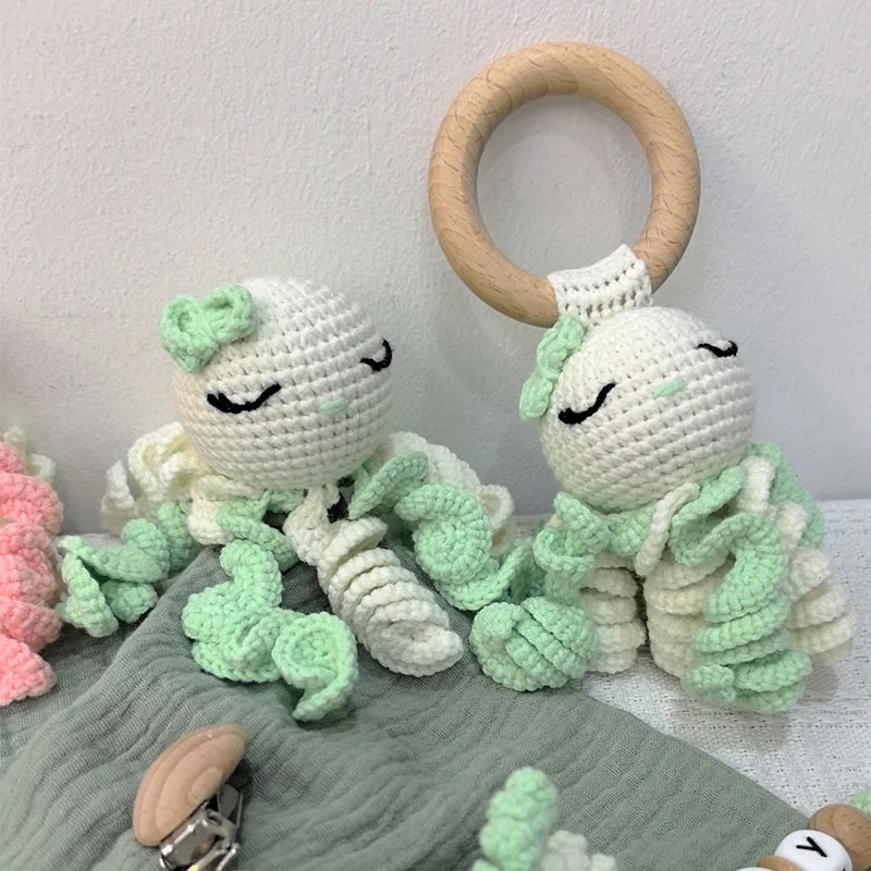 Hochet en Bois avec Nom Personnalisé pour Bébé, Jouets de Dessin Animé, Poulpe Doudou au Crochet, Serviette de Couchage, Poupées, Apaise Security ase, Nouveau-Né