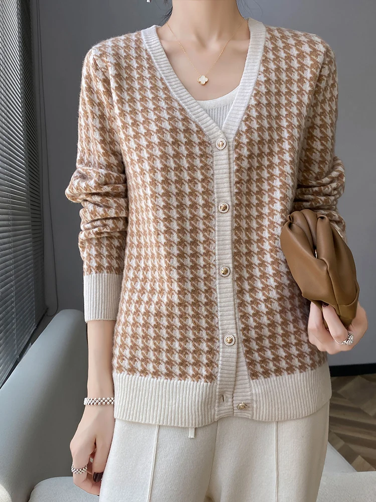 

ADDONEE Women 100% Merino Wool Jacquard Thick Gold Wire Houndstooth Cardigan V-Neck Cashmere Knitwear Autumn Winter Sweater