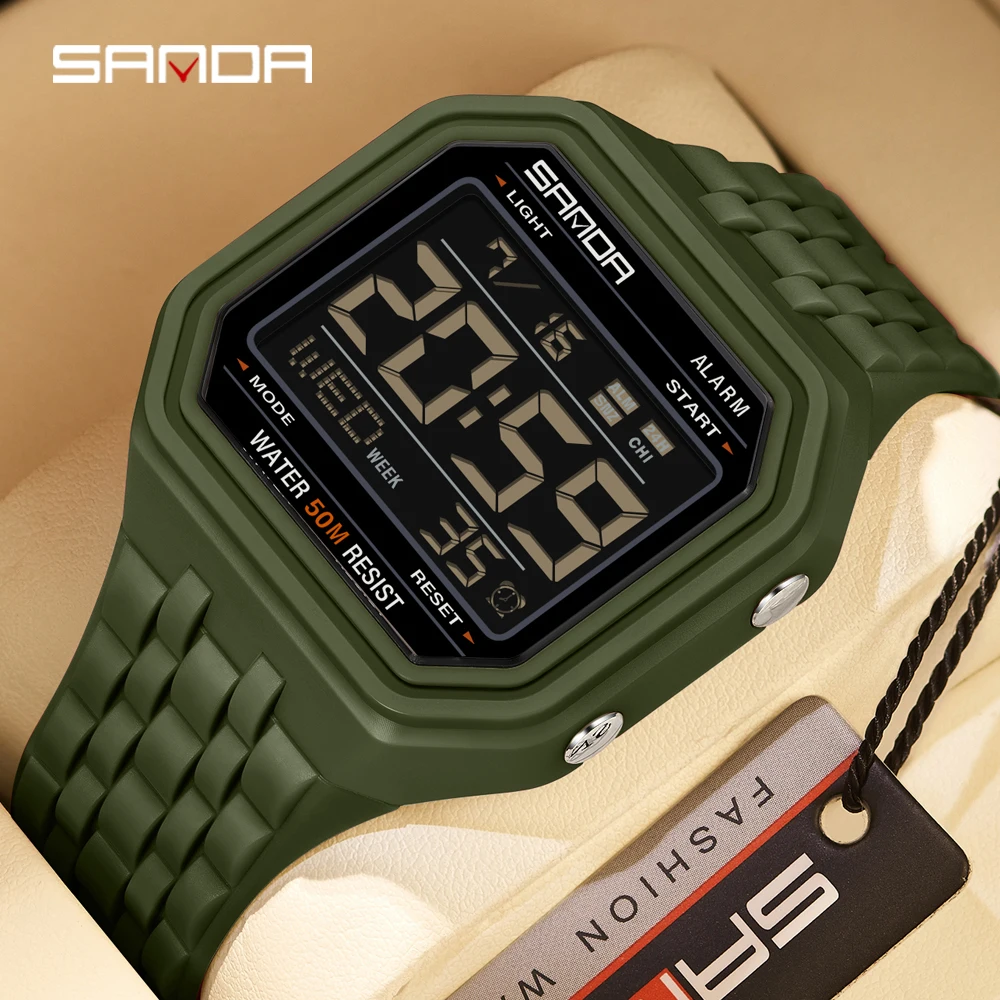 SANDA 6366 Retro Block Men's Electronic Watch New Multifunctional Night Light 50M Waterproof Fashion Sports Digital Wristwatch