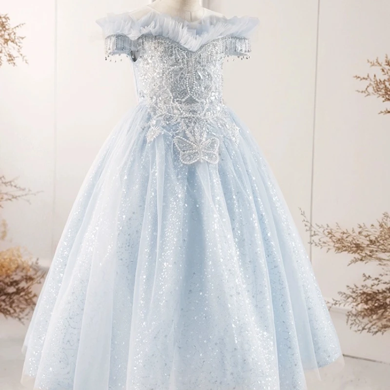 Teenagers Girl Tulle Maxi Dresses for Banquet Children Luxurious Formal Parties Clothes Sequins Kids Grad Night Ball Gown 2024