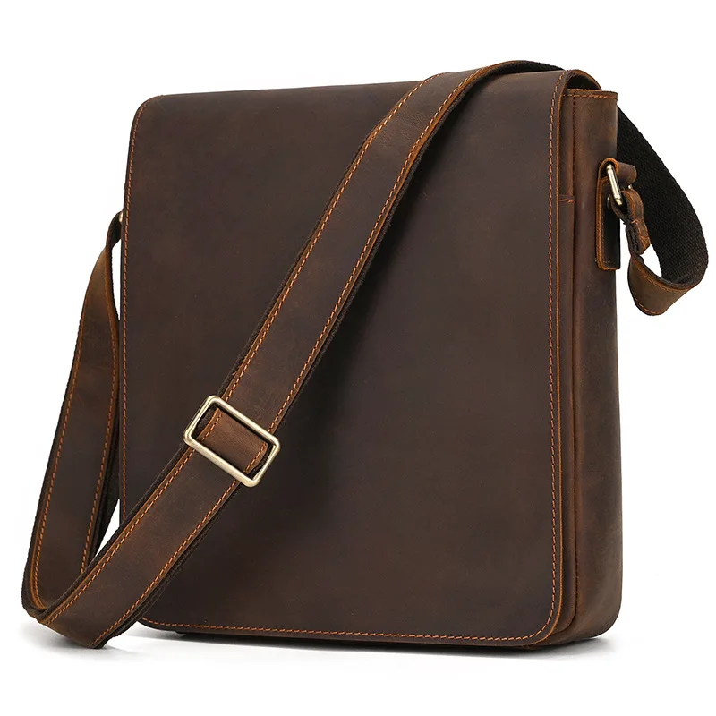 Men Vintage Crazy Horse Leather Flap Briefcase, Top Grain Cowhide Shoulder Crossbody Bag Casual Outdoor Genuine Leather Handbag