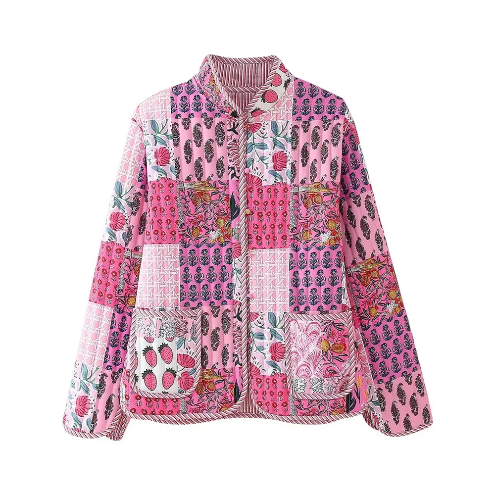 PB&ZA2024 Autumn New Women\'s Fashion and Casual Versatile Multi Color Splicing Printed Design Cotton Jacket