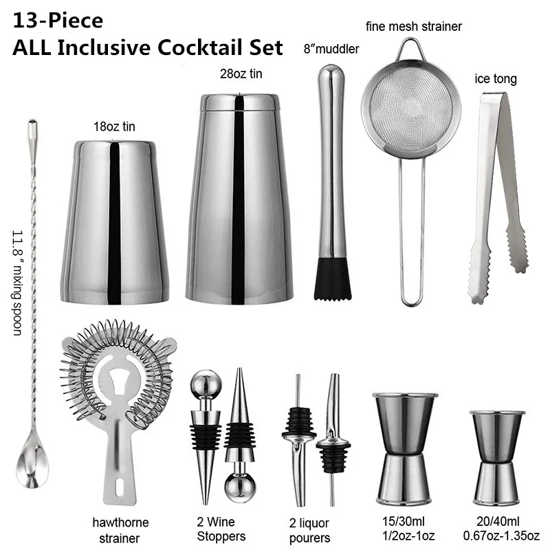 13Pcs/Set Stainless Steel Wine and Cocktail Shaker Mixer Drink Browser Kit Bars Set Tools for Home and Professional Bartending