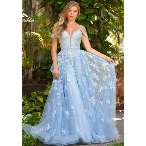 Roycebridal Detachable Train Prom Dress V Neck Lace Applique Evening Dress Tulle Off the shoulder Youth Formal Gown Customized