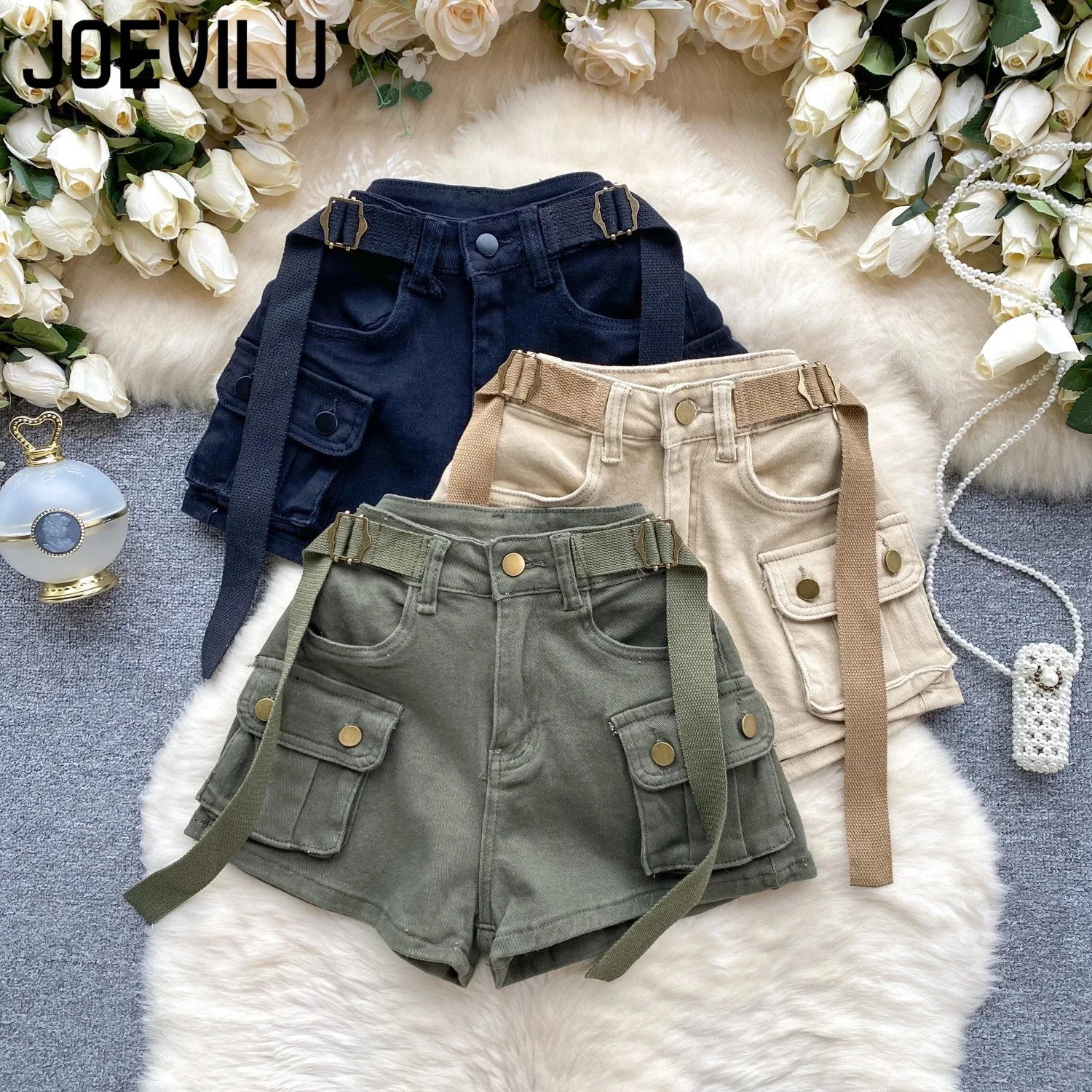 

Women's Summer High Waisted Stretchy Denim Shorts Korean Cargo Style Slim Fit Ultra Short Hot Pants with Large Pockets for Dance