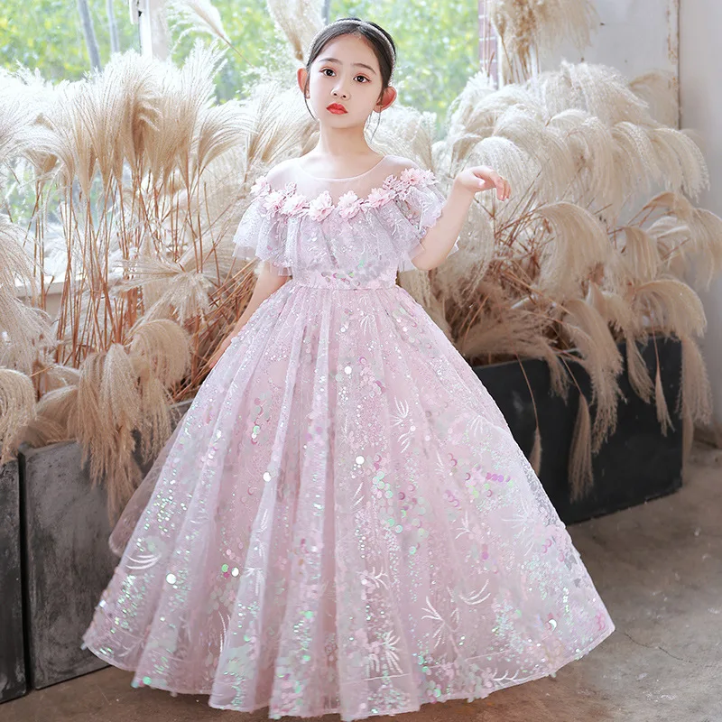 Flower Girls Dress Sparkle Sequin Princess Birthday Party Gown Kids Special Occasions Photoshoots Dresses Teen Girls Christmas