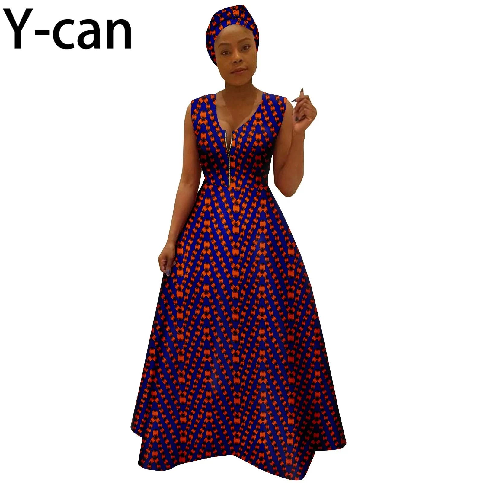 Afrykańskie sukienki dla kobiet Sexy Vintage Summer V-neck Dashiki Print Sleeveless with Headwrap Bazin Riche Party Vestidos Y 2225019