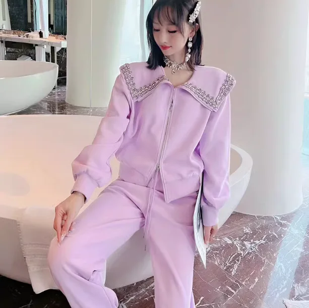 High-End Sweet Pink Casual Suit Women Hot Diamond Cardigan Coat Outerwear Ankle-Tied Sweatpants Two-Piece Set Early Spring 2023