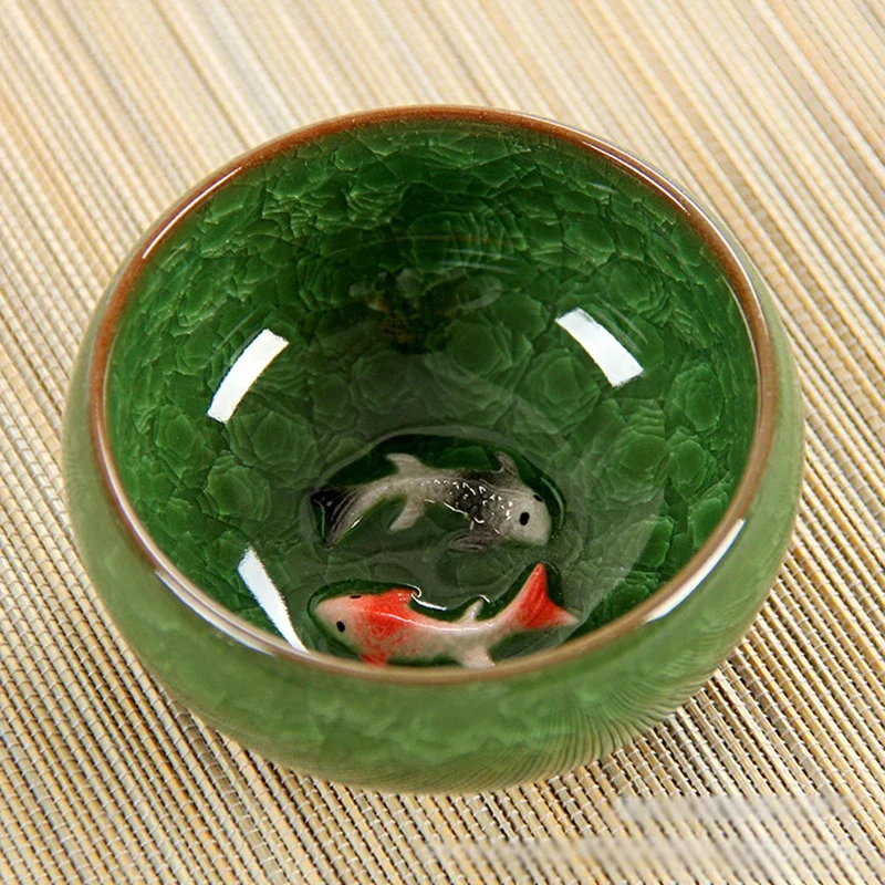 Creative 3D Ceramic Kung Fu Tea Set Embossed Pisces Koi Ice Cracked Glazed Travel Tea Bowl Chinese Porcelain Tea Cup Set