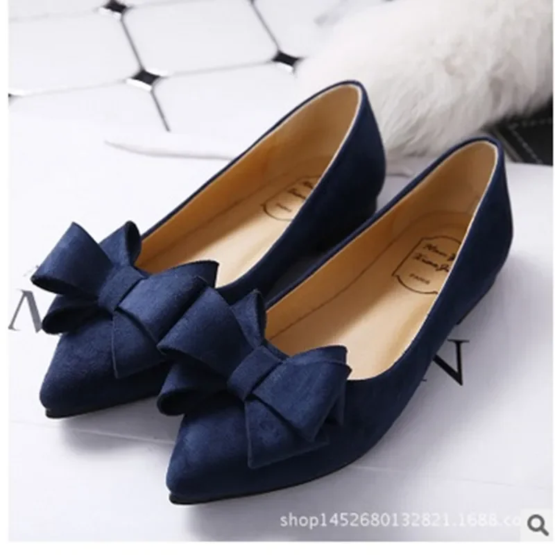 

Women Pointy Toe Narrow Mouth Bowtie Flock Plus 33-48 Slip-Ons Breathable Lady's Single Shoes On Flats Low Top Loafer Cinderella