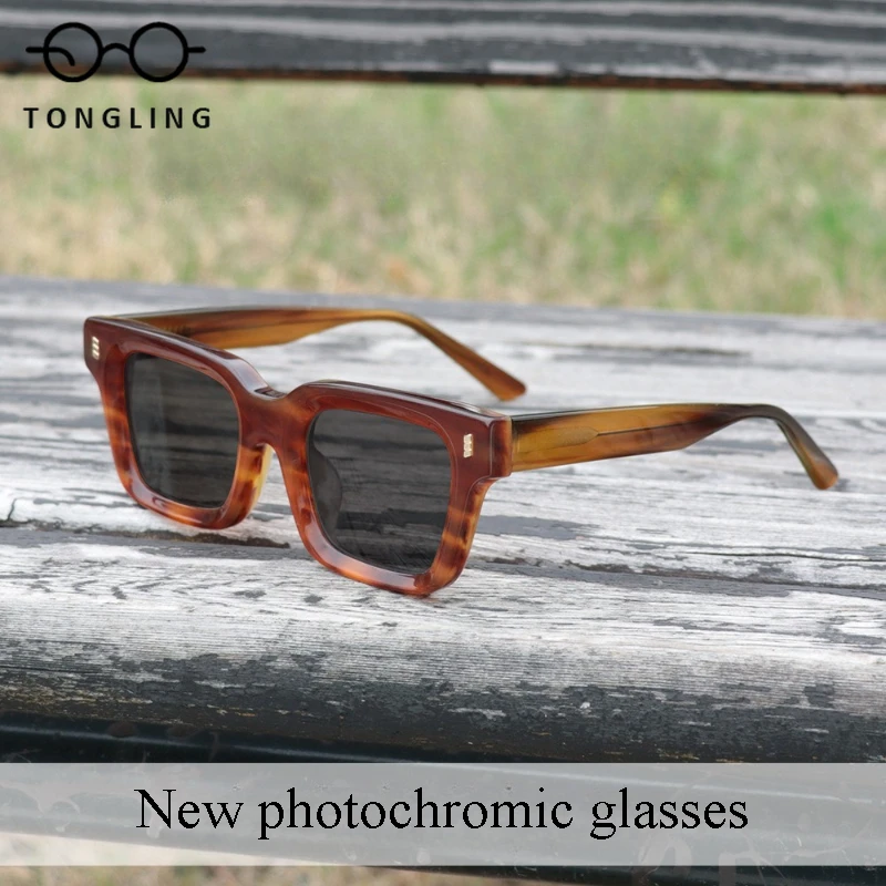

2025 New Fashion Woman Square Retro Men Acetate Resin Lenses Thick Frame Wide Temple UV Protection Rivet Photochromic Sunglasses
