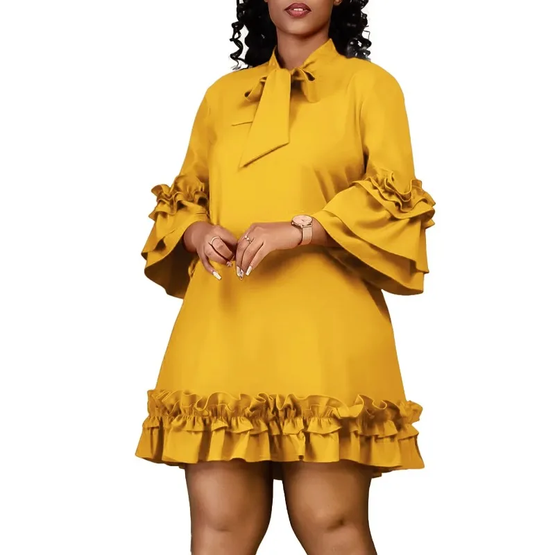 Autumn Fashion Ruffle A-line Dress Women's Round neck Long Sleeved Solid Loose Ruffle Casual Dress Women