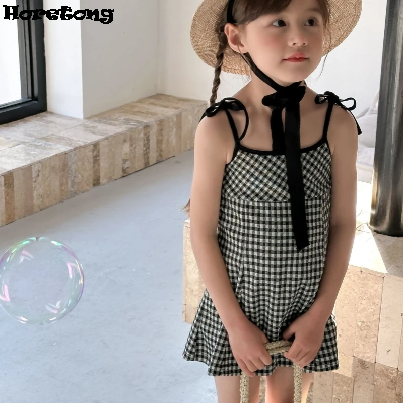 Horetong Children\'s Dress 2024 Summer New Girls Plaid Suspender Dresses Fashion Cute Kids Lace Up A-line Mini Dress Vestidos