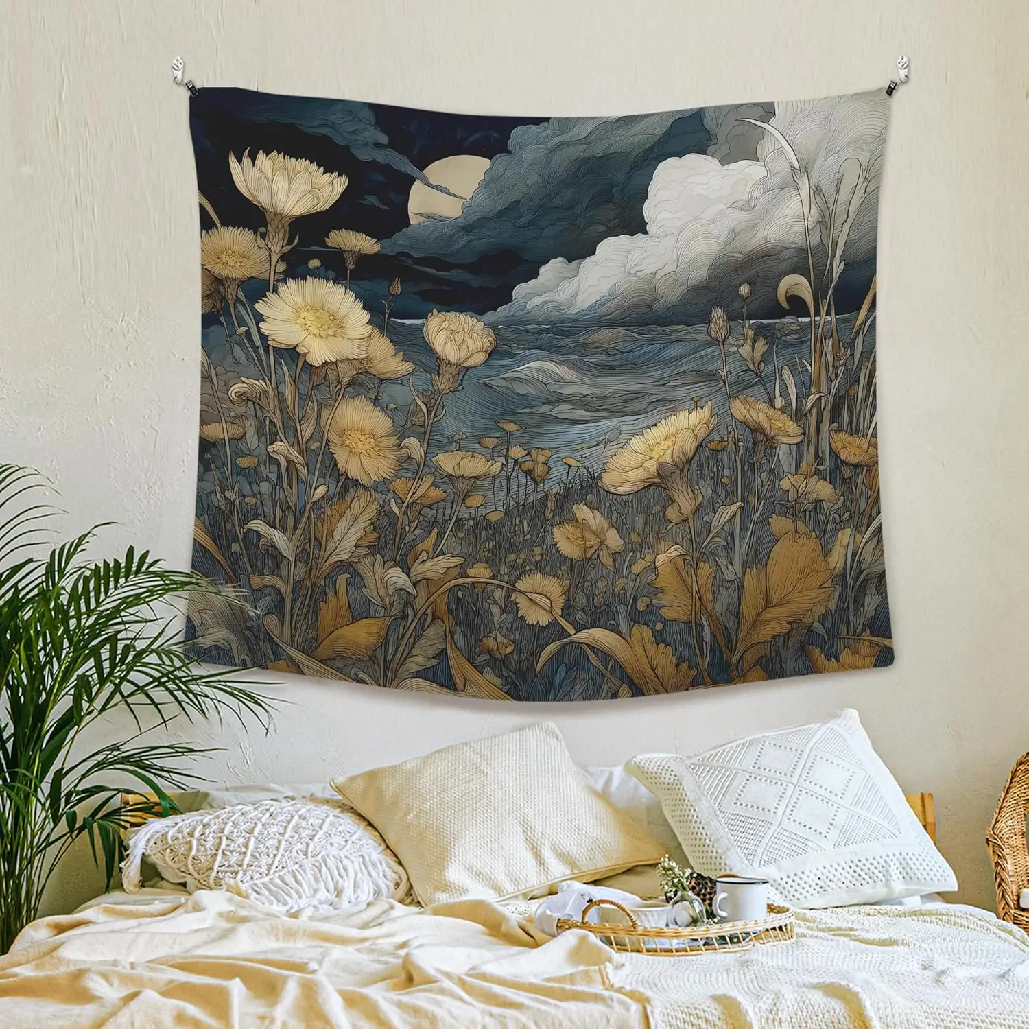

Farmhouse Wildflower Field Wall Tapestry Hanging for Bedroom, Rustic Floral Botanical Tapestries Wall Decor for Women