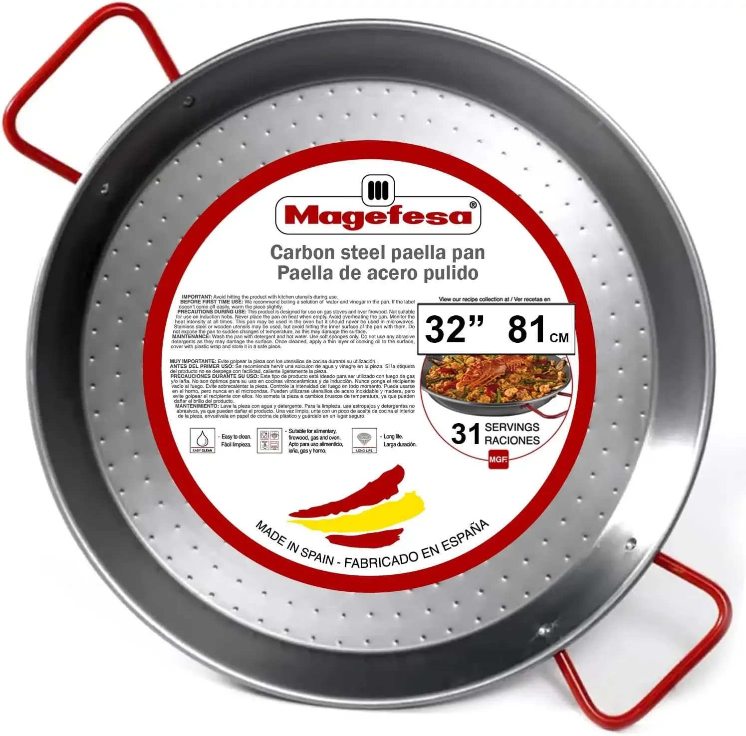 Sartén Paella de acero al carbono de 32' - 81 cm, 31 porciones, superficie desmontada, liviana y duradera para cocinar al aire libre