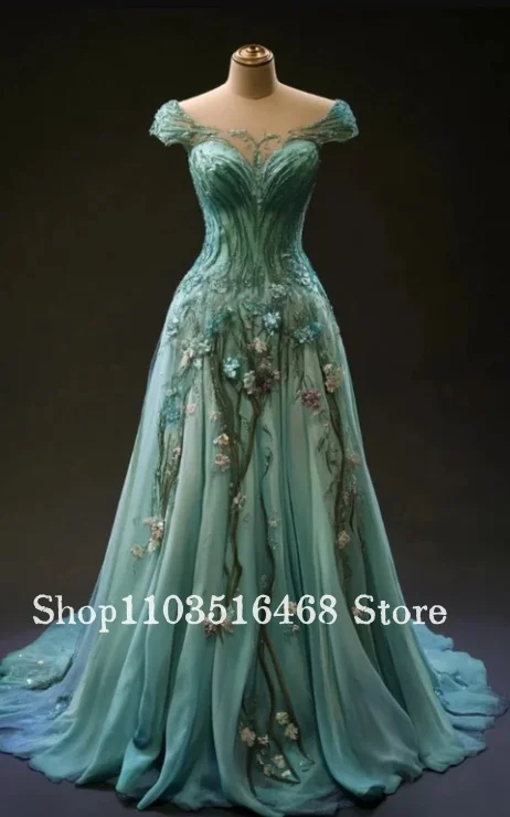 مخصص خمر فستان الحفلة الراقصة الخضراء 3D الأزهار التطريز الدانتيل ألف خط تنورة الفيكتوري ثوب مسائي مناسبة خاصة مساء اللباس #1
