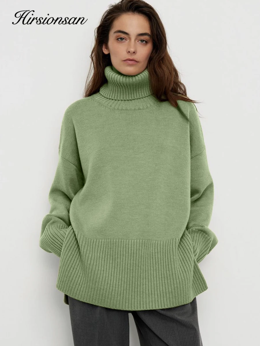 

Hirsionsan Chic Turtle Neck Autumn Winter Sweater Women Soft Warm Basic Knitted Split Pullover Loose Casual Female Jumper 2024