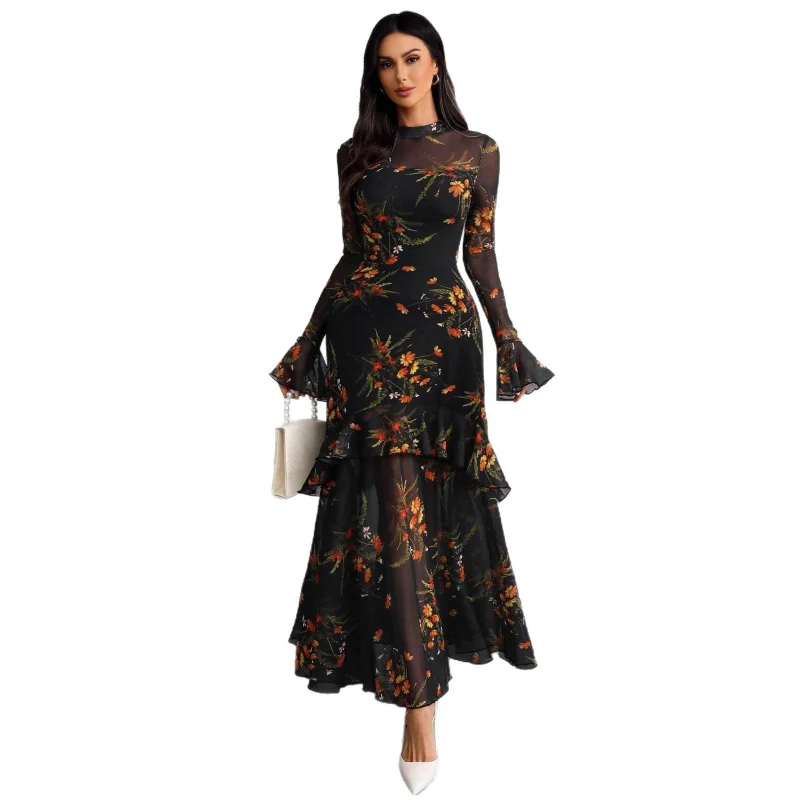 Robe longue à imprimé floral pour femme avec manches flottantes – Robe longue noire à motif botanique, vêtements de station de vacances ​