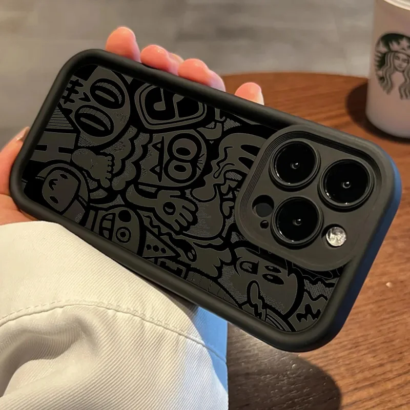 Black Graffiti Phone Case For iPhone 17 16 Pro Max 15 14 13 Pro Max 12 11 Pro Max Plus Air XS X XR 16E 7 8 SE2 Camera Soft Cover - view 5