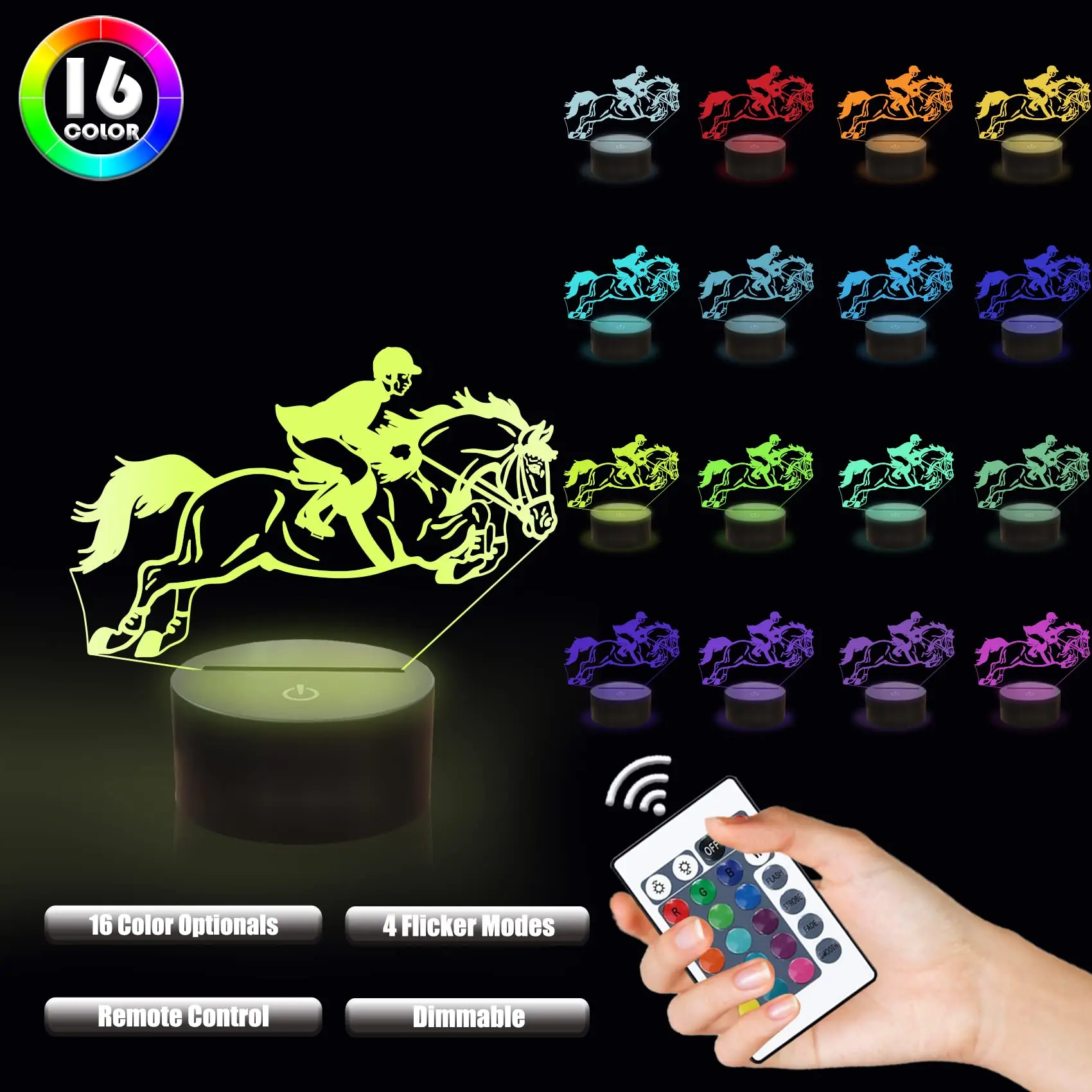 3D Pferderennen Nacht Licht Reiten Lampe mit 16 Farben Fernbedienung Ändern Geburtstag Geschenk Idee für Kinder Jungen und Mädchen