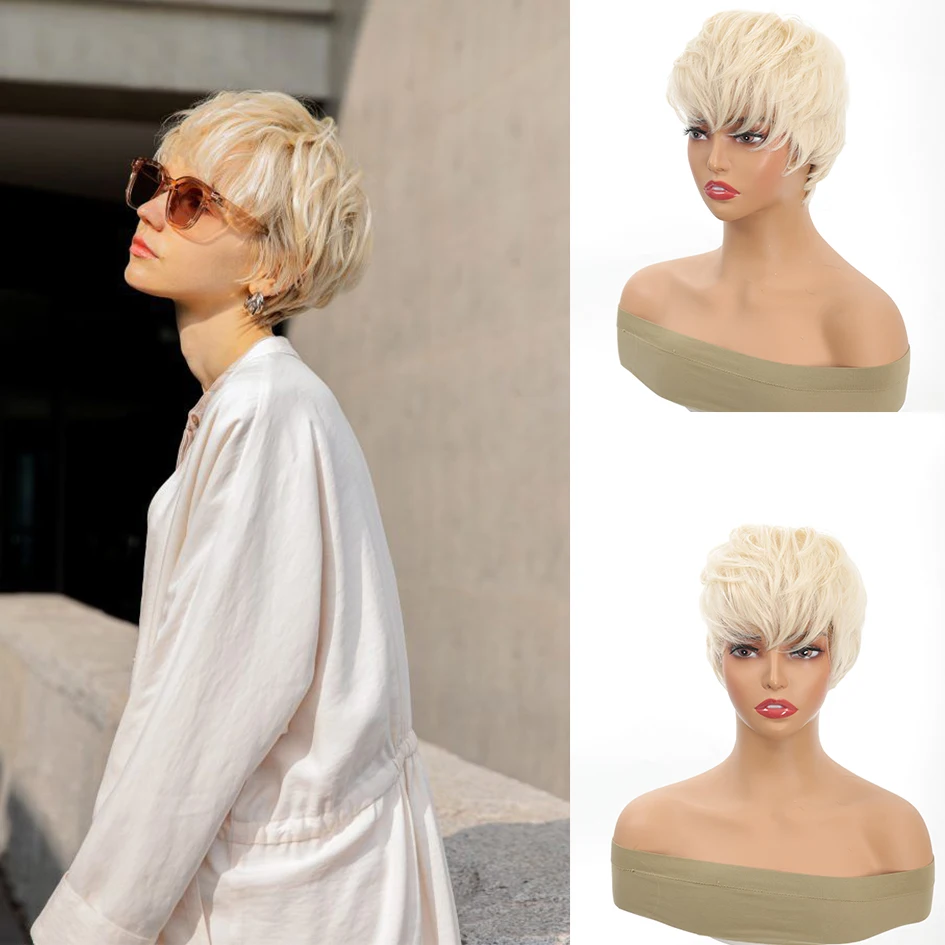 

Synthetic white blonde ladies layered short hair synthetic wig cropped head covering