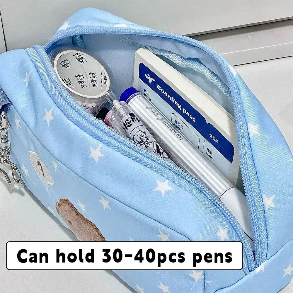 Bolsa para bolígrafos azul multifuncional con diseño de gato y estrella, estuche para lápices de gran capacidad, organizador de papelería portátil de mano, regalo