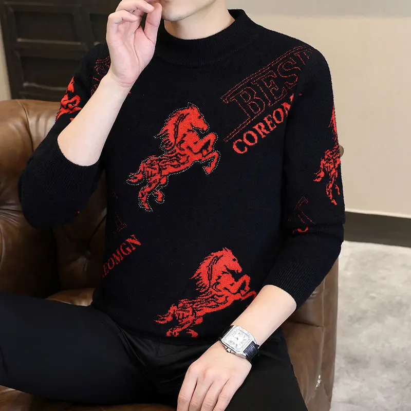 

Trendy Men's Knitted Sweater Mid-Ne Flower Pattern Autumn Winter New Arrival Base Layer Faionable European Sle Camere...