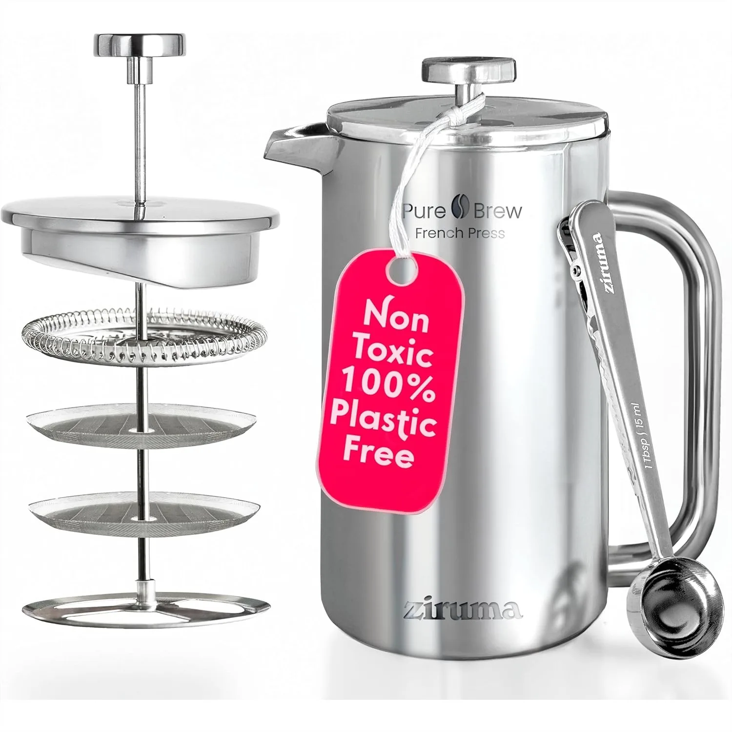 

Non-Toxic French Press, Surgical Stainless Steel Coffee Press, Plastic-Free, Double Wall Insulated, 34 Oz, Portable Coffee Maker