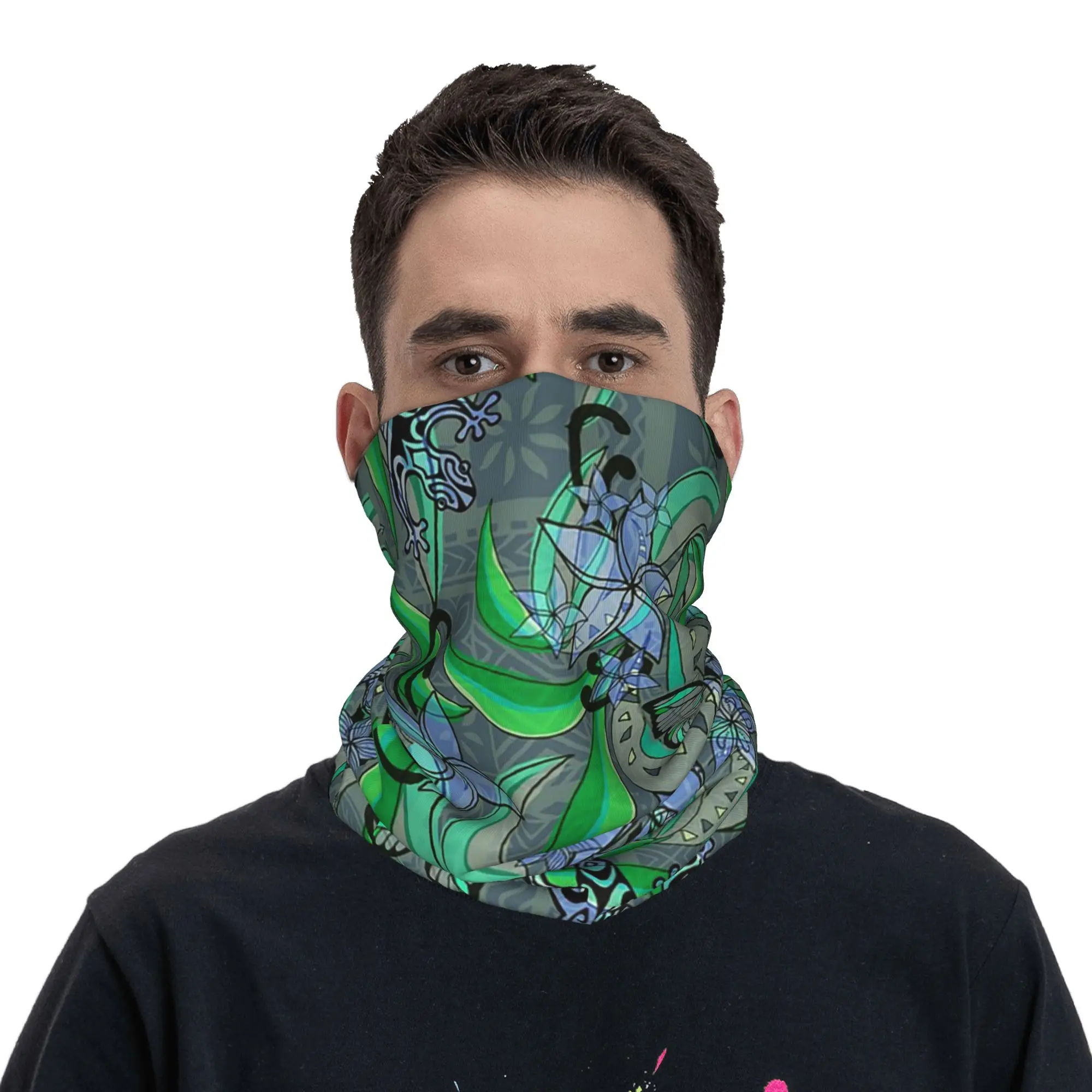 Polynesian Jungle Gecko And Butterflies Tribal Bandana Neck Gaiter Printed Face Scarf Face Mask Outdoor Sports For Men Women