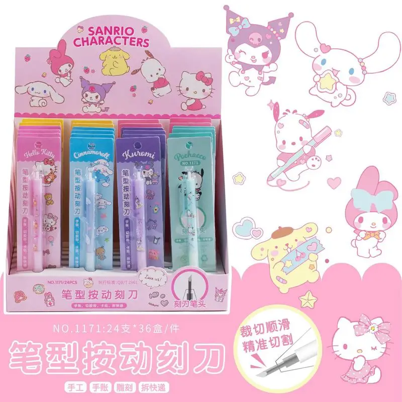 6-24pcs Sanrio Knife Pen Press Type Cinnamoroll Melody Pochacco Cartoon Metal Manual Accounting Tool Utility Knife Wholesale