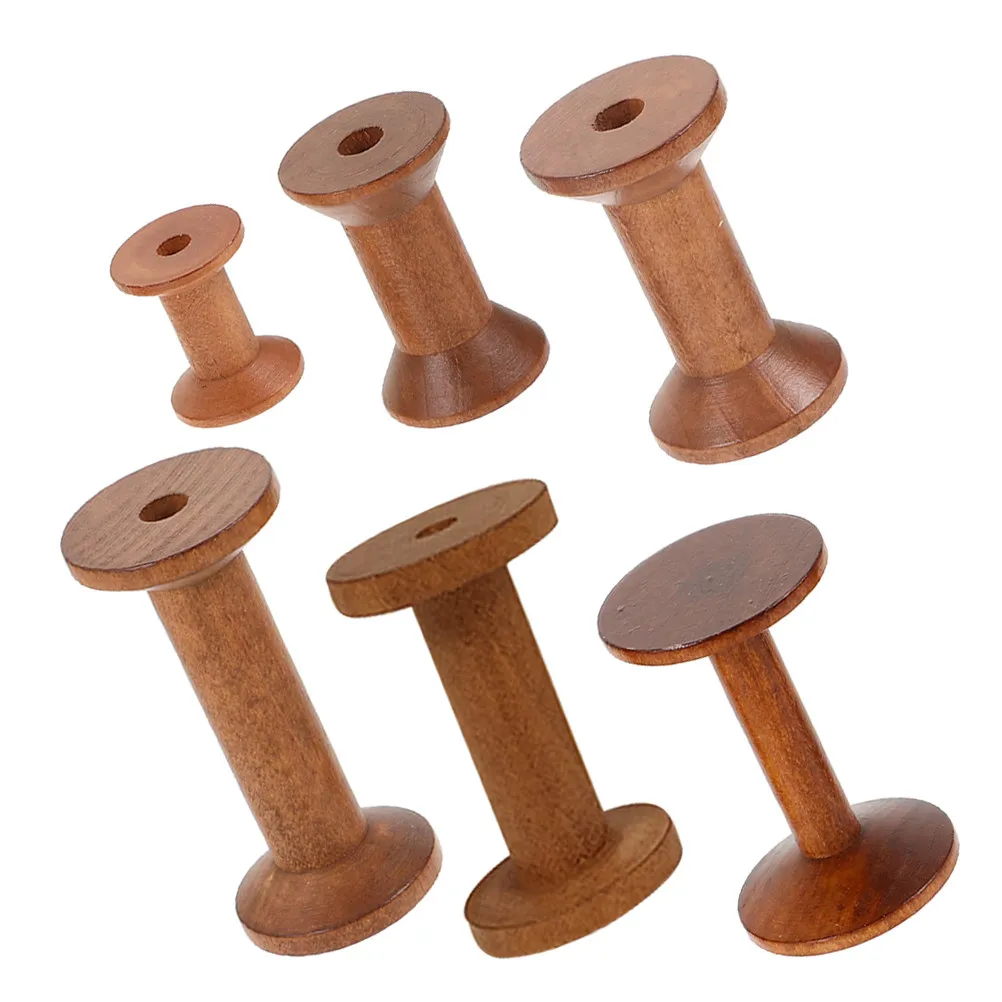 6Pcs Vintage Wooden Thread Spools Handmade Wood Bobbins Empty for Sewing Embroidery Yarn Weaving DIY Craft Sewing Thread Storage view 3