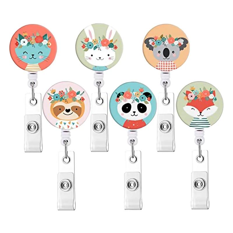 6 Pcs Animal Badge Reels Retractable Badge Holder With Alligator Clip Nurse Cute Badge Clip For ID Card Holders